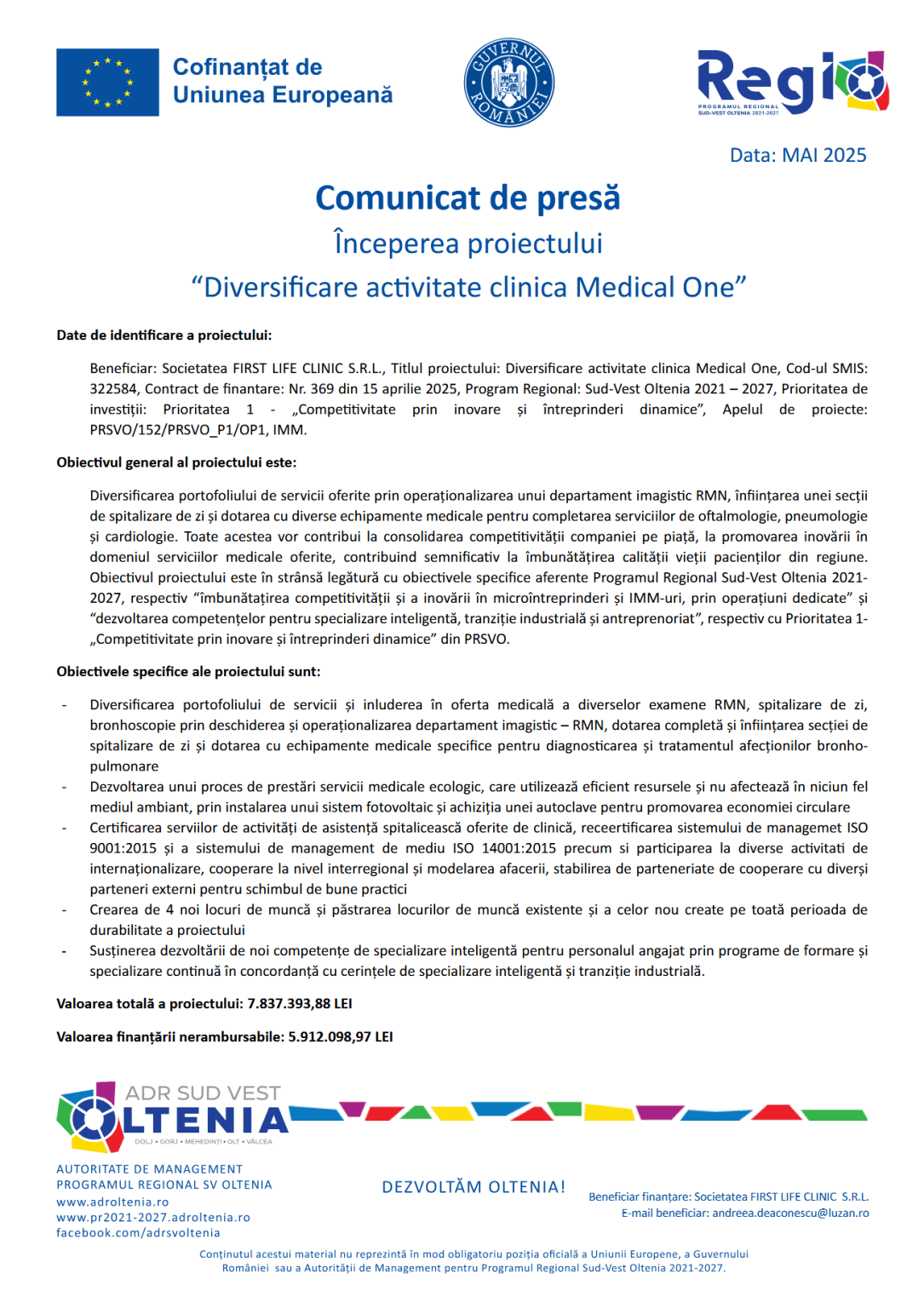 Comunicat de presă — Începerea proiectului Diversificare activitate clinica Medical One, cofinanțat din fonduri europene